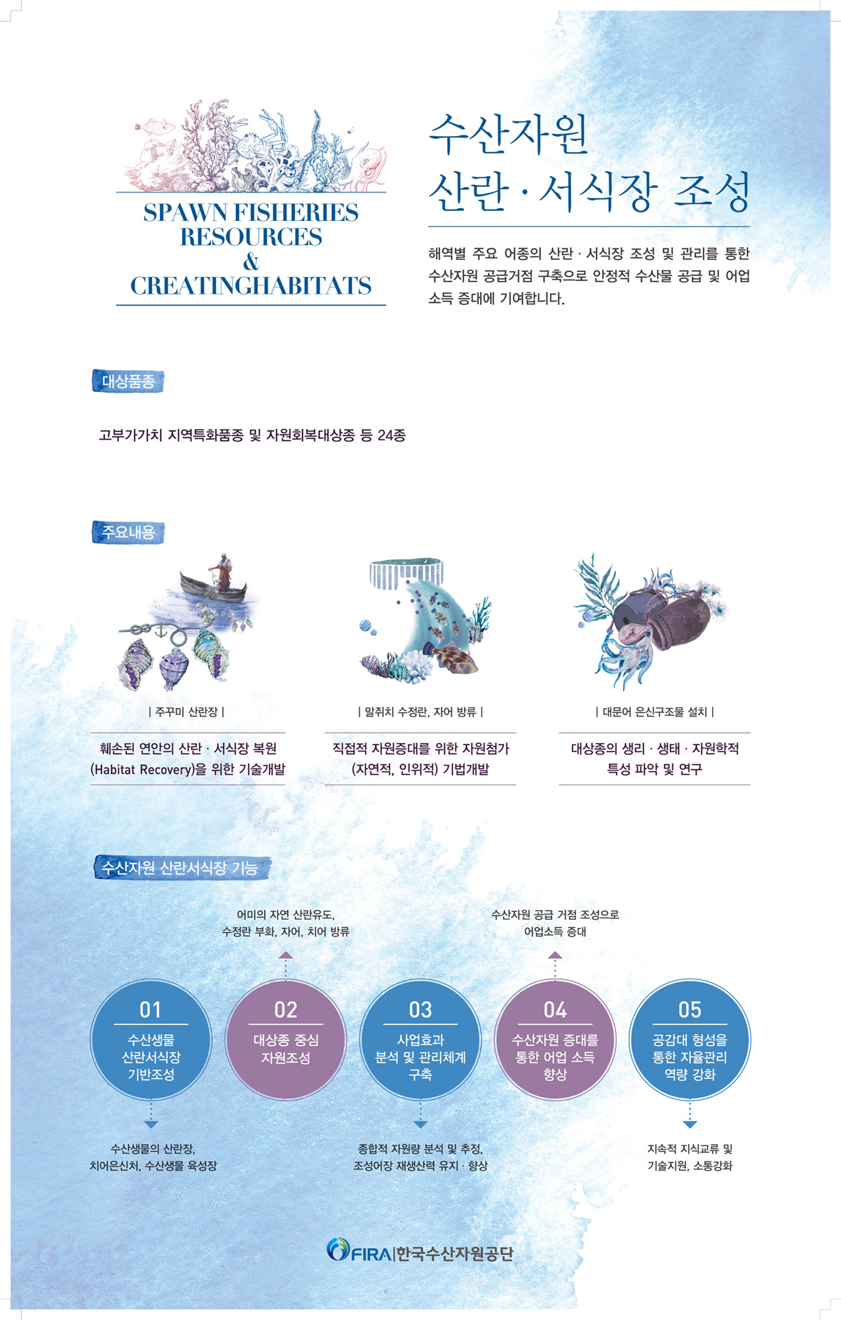 spawn fisheries resources & creatinghabitats수산자원 산란 서식장 조성 해역별 주요 어종의 산란. 서식장 조성 및 관리를 통한 수산자원 공급거점 구축으로 안정적 수산물 공급 및 어업소득 증대에 기여합니다.
대상품종 : 고부가가치 지역특화품종 및 자원회복대상종 등 24종
주요내용 : 쭈꾸미 산란장 - 훼손된 연안의 산란.서식장 복원(habitat recovery)을 위한 기술개발, 말쥐치 수정란, 자어 방류 - 직접적 자원증대를 위한 자원첨가(자연적, 인위적) 기법개발, 대문어 은신구조물 설치 - 대상종의 생리.생태.자원학적 특성 파악 및 연구
수산자원 산란서식장 기능 : 1.수산생물 산란서식장 기반조성 - 수산생물의 산란장, 치어은신처, 수산생물 육성장 2.대상종 중심 자원조성 - 어미의 자연 산란유도, 수정란 부화, 치어 방류 3.사업효과 분석 및 관리체계 구축 - 종합적 지원량 분석 및 추정, 조성어장 재생산력 유지.향상 4.수산자원 증대를 통한 어업 소득 향상 - 수산자원 공급 거점 조성으로 어업소득 증대 5.공감대 형성을 통한 자율관리 역량 강화 - 지속적 지식교류 및 기술지원, 소통강화 FIRA 한국수산자원공단