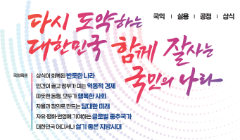 국익|실용|공정|상식 다시 도약하는 대한민국 함께 잘사는 국민의 나라 국정목표 상식이 회복된 반듯한 나라 민간이 끌고 정부가 미는 역동적 경제 따뜻한 동행 모두가 행복한 사회 자율과 창의로 만드는 담대한 미래 자유 평화 번영에 기여하는 글로벌 중추국가 대한민국 어디서나 살기 좋은 지방시대 
