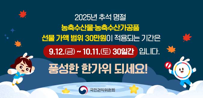 2025년 추석 명절 농축수산물,농축수산가공품 선물 가액 범위 30만원이 적용되는 기간은 9.12.(금)~10.11.(토) 30일간 입니다. 풍성한 한가위 되세요! 국민권익위원회