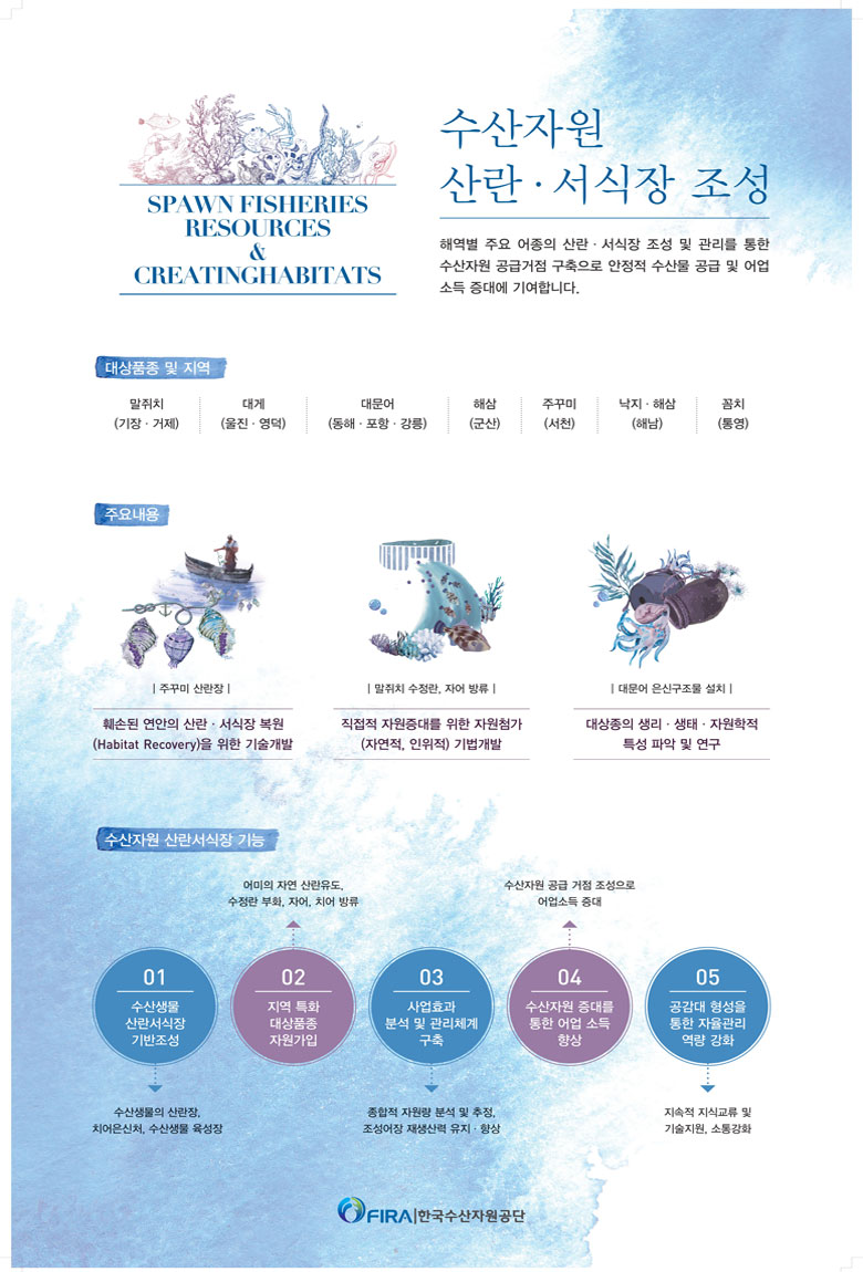 SPAWN FISHERIES RESOURCES & CREATINGHABITATS
수산자원 산란·서식장 조성 
해역별 주요 어종의 산란·서식장 조성 및 관리를 통한 수산자원 공급거점 구축으로 안정적 수산물 공급 및 어업 소득 증대에 기여합니다.
대상품종 및 지역 : 말쥐치 (기장 · 거제), 대게 (울진 · 영덕), 대문어 (동해 · 포항 · 강릉), 해삼(군산), 쭈꾸미(서천), 낙지 · 해삼(해남), 꼼치(통영)
주요내용
훼손된 연안의 산란·서식장 복원 (Habitat Recovery)을 위한 기술개발 : 주꾸미 산란장
직접적 자원증대를 위한 자원첨가 (자연적, 인위적) 기법개발 : 말쥐치 수정란, 자어 방류
대상종의 생리 · 생태 · 자원학적 특성 파악 및 연구 : 대문어 은신구조물 설치
수산자원 산란서식장 기능
1. 수산생물 산란서식장 기반조성 : 수산생물의 산란장, 치어은신처, 수산생물 육성장
2. 지역 특화 대상품종 자원가입 : 어미의 자연 산란유도, 수정란 부화, 자어, 치어 방류
3. 사업효과 분석 및 관리체계 구축 : 종합적 자원량 분석 및 추정, 조성어장 재생산력 유지 · 향상
4. 수산자원 증대를 통한 어업 소득 향상 : 수산자원 공급 거점 조성으로 어업소득 증대
5. 공감대 형성을 통한 자율관리 역량 강화 : 지속적 지식교류 및 기술지원, 소통 강화